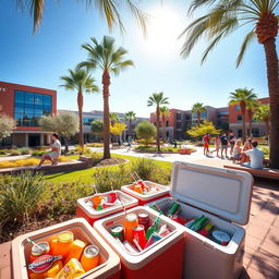 A scenic view of Arizona State University, showcasing a vibrant campus atmosphere with students interacting