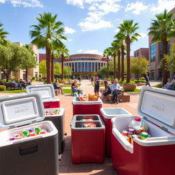 A scenic view of Arizona State University, showcasing a vibrant campus atmosphere with students interacting