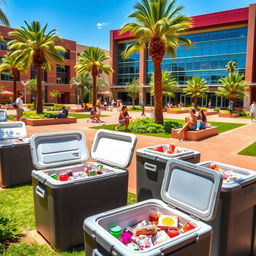 A scenic view of Arizona State University, showcasing a vibrant campus atmosphere with students interacting