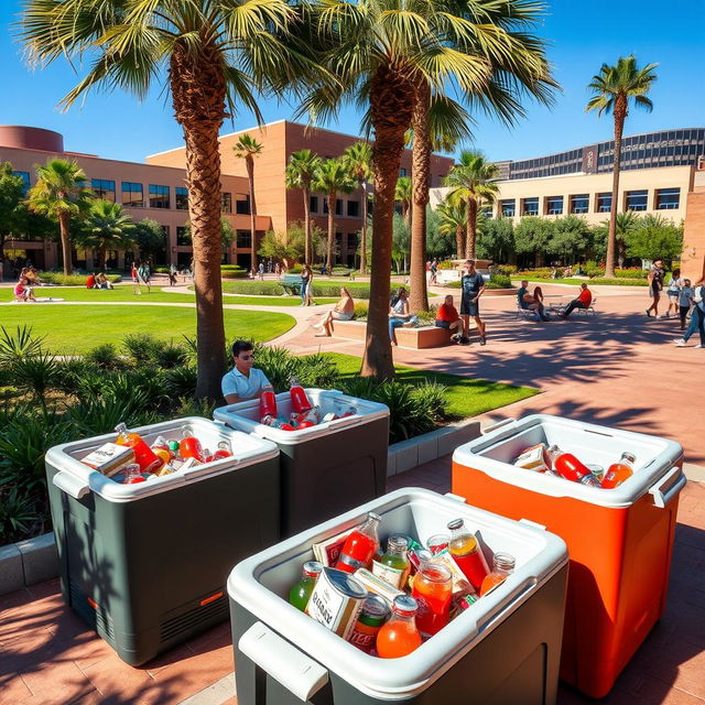 A scenic view of Arizona State University, showcasing a vibrant campus atmosphere with students interacting