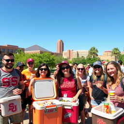 A vibrant scene at Arizona State University featuring a group of enthusiastic cooler fans