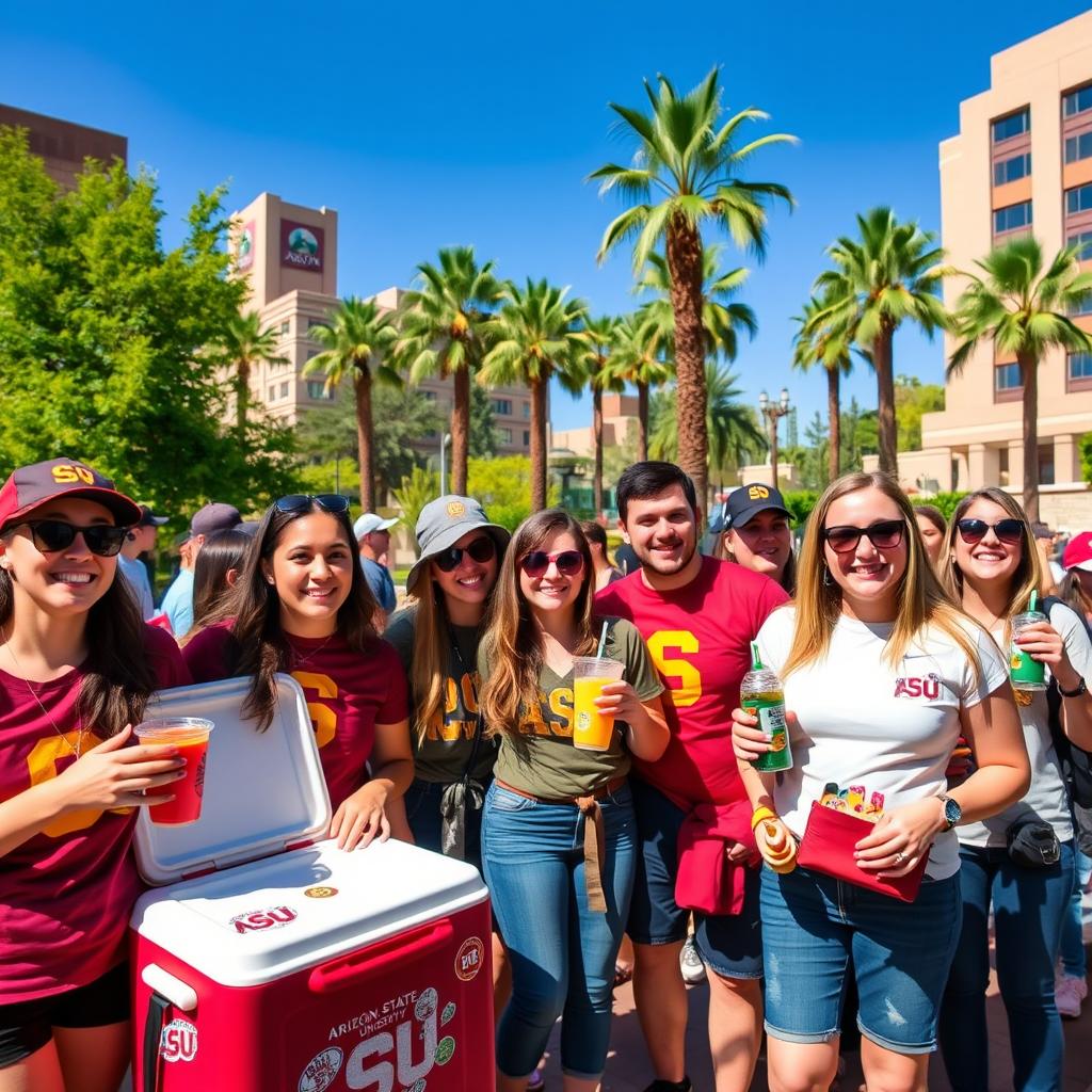 A vibrant scene at Arizona State University featuring a group of enthusiastic cooler fans