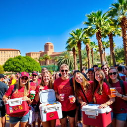 A vibrant scene at Arizona State University featuring a group of enthusiastic cooler fans