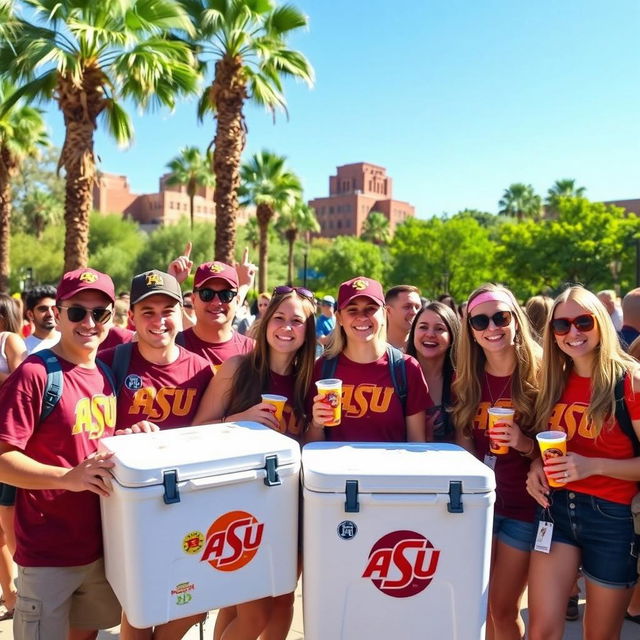 A vibrant scene at Arizona State University featuring a group of enthusiastic cooler fans