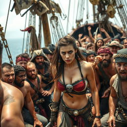 A terrified female pirate wearing a strapless bikini, with a noticeable expression of fear as she finds herself surrounded by a densely packed crowd of rugged male pirates on a cheap ship