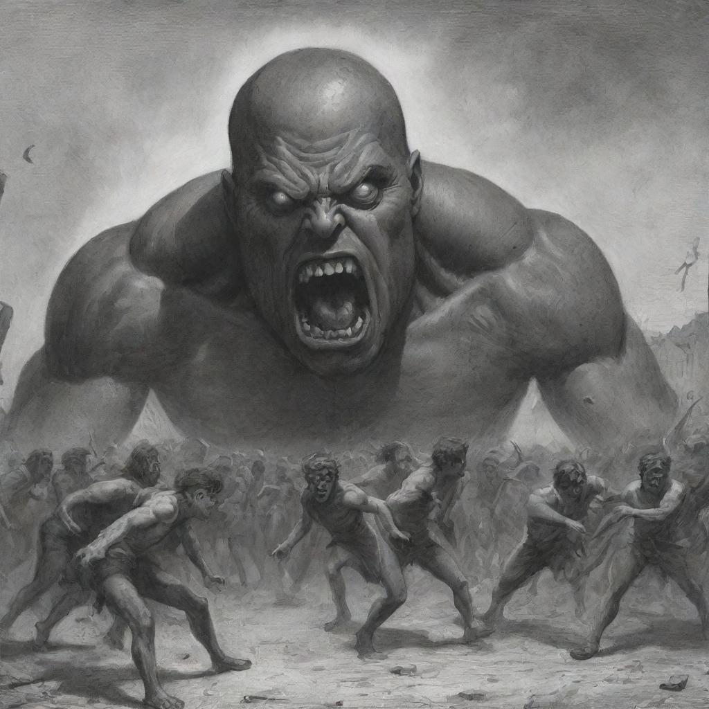 People scattering in all directions, fleeing in fear from the imposing presence of a cyclops.