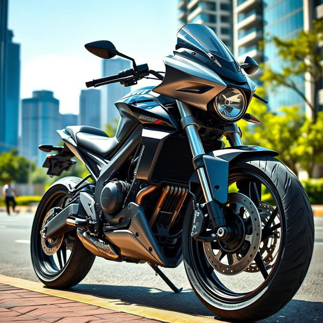 A sleek, modern motorcycle parked on an urban street, featuring a streamlined design and metallic paint finish