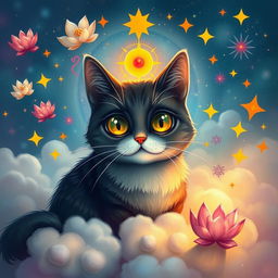 A whimsical and colorful depiction of a cat in a mystical bardo state, surrounded by ethereal clouds and soft, glowing lights
