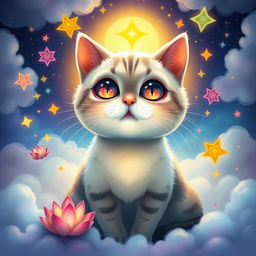 A whimsical and colorful depiction of a cat in a mystical bardo state, surrounded by ethereal clouds and soft, glowing lights