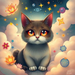 A whimsical and colorful depiction of a cat in a mystical bardo state, surrounded by ethereal clouds and soft, glowing lights