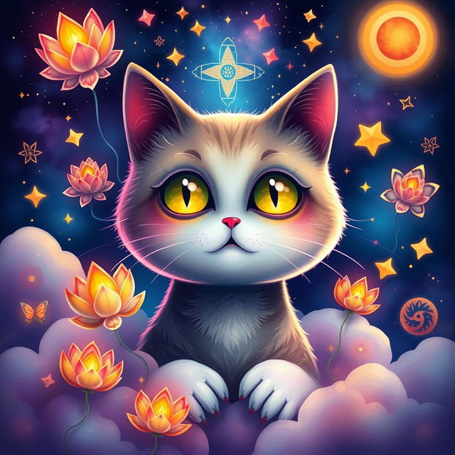 A whimsical and colorful depiction of a cat in a mystical bardo state, surrounded by ethereal clouds and soft, glowing lights