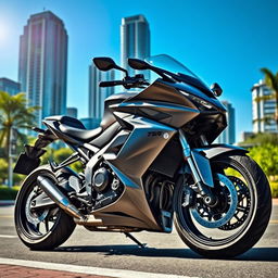 A sleek, modern motorcycle parked on an urban street, featuring a streamlined design and metallic paint finish