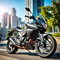 A sleek, modern motorcycle parked on an urban street, featuring a streamlined design and metallic paint finish