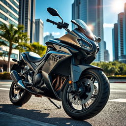 A sleek, modern motorcycle parked on an urban street, featuring a streamlined design and metallic paint finish