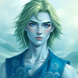 A portrait of a male water genasi with shoulder-length, light green hair flowing gently as if moved by an invisible current, light blue skin, and striking royal blue eyes