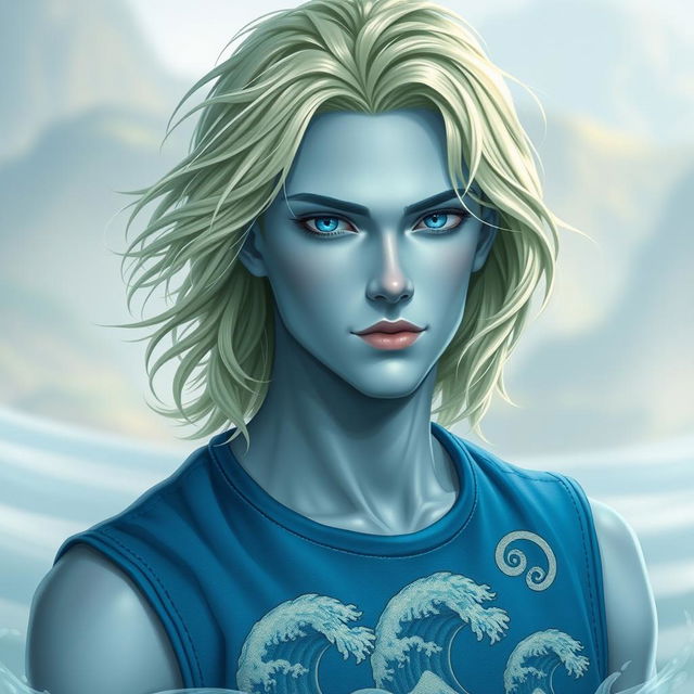 A portrait of a male water genasi with shoulder-length, light green hair flowing gently as if moved by an invisible current, light blue skin, and striking royal blue eyes