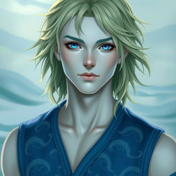 A portrait of a male water genasi with shoulder-length, light green hair flowing gently as if moved by an invisible current, light blue skin, and striking royal blue eyes