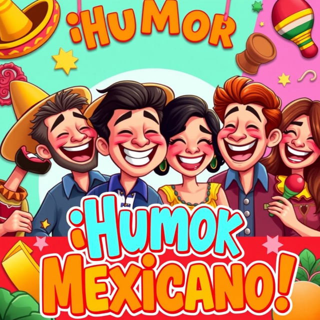 A vibrant and colorful YouTube thumbnail reflecting Mexican humor, featuring cartoonish yet realistic characters laughing and engaging in funny antics