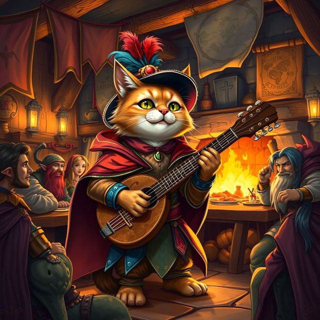 A fantastical scene featuring a cat bard character in a vibrant Dungeons and Dragons setting