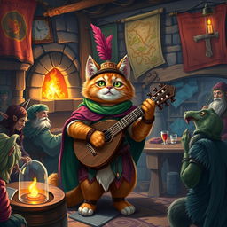 A fantastical scene featuring a cat bard character in a vibrant Dungeons and Dragons setting