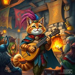 A fantastical scene featuring a cat bard character in a vibrant Dungeons and Dragons setting