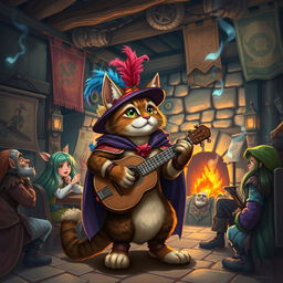 A fantastical scene featuring a cat bard character in a vibrant Dungeons and Dragons setting