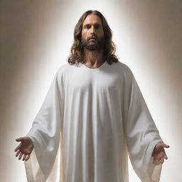 A powerful messiah figure emanating light, robed in white, with a calm and determined expression.