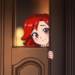 A red-haired character peering through a door, with a mischievous expression on her face