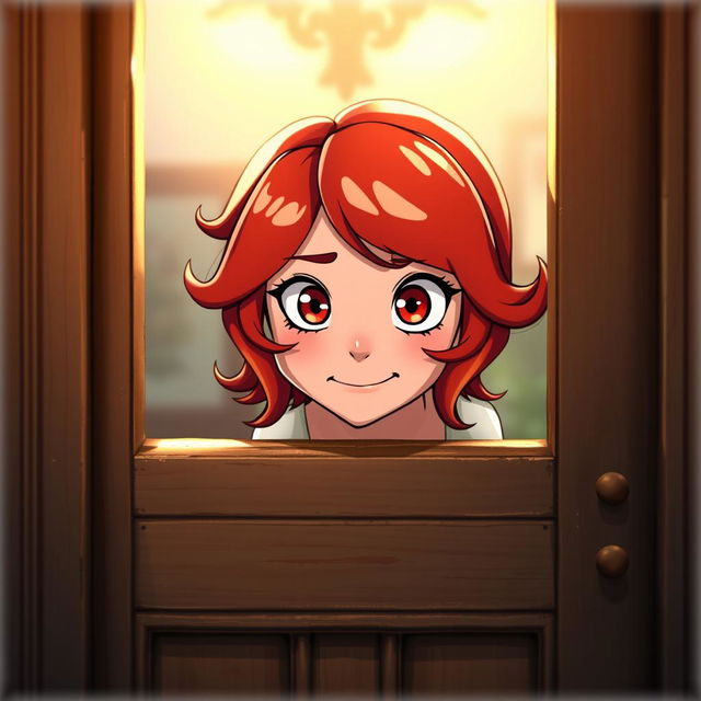 A red-haired character peering through a door, with a mischievous expression on her face