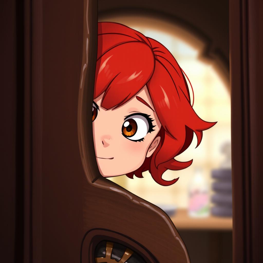 A red-haired character peering through a door, with a mischievous expression on her face