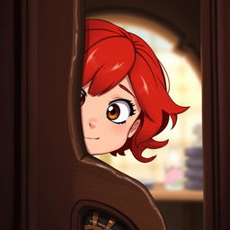 A red-haired character peering through a door, with a mischievous expression on her face