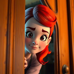 A red-haired character peering through a door, with a mischievous expression on her face