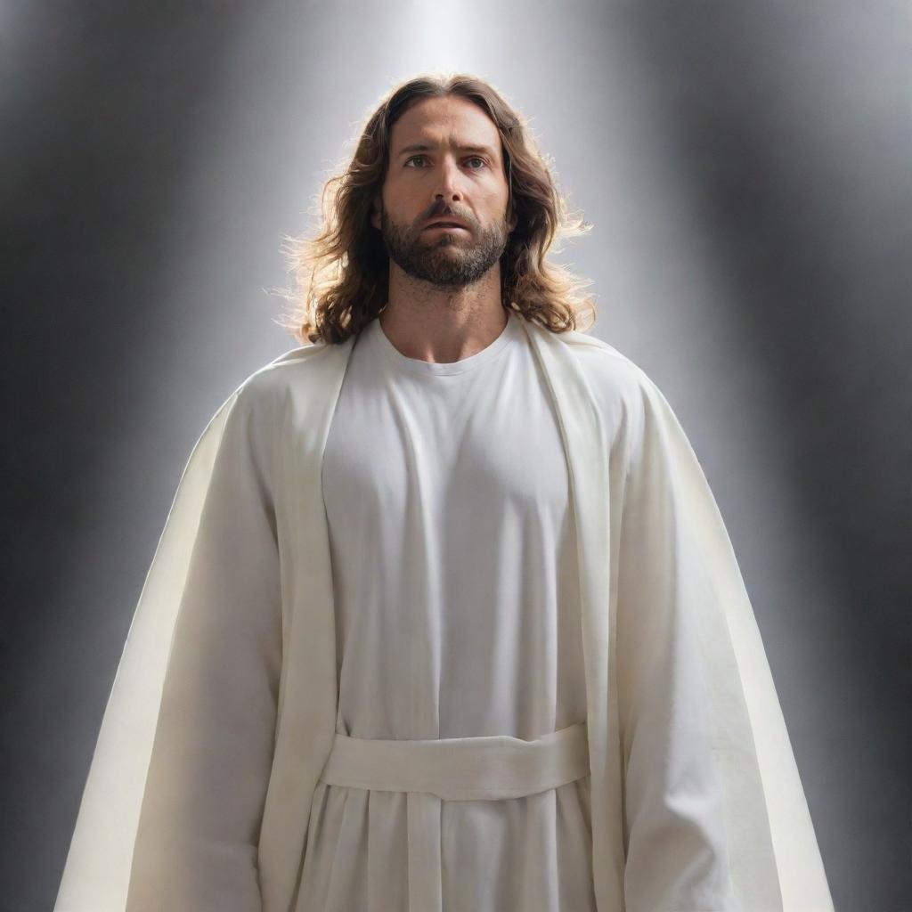 A powerful messiah figure emanating light, robed in white, with a calm and determined expression.