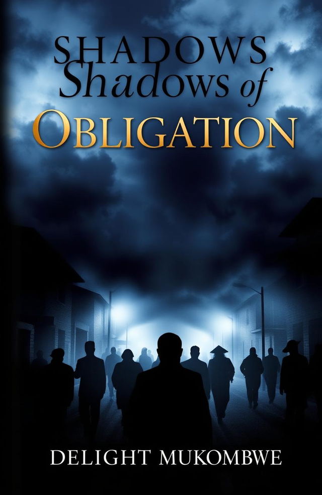 An artistic book cover for 'Shadows of Obligation' by Delight Mukombwe, featuring a dark, mysterious atmosphere