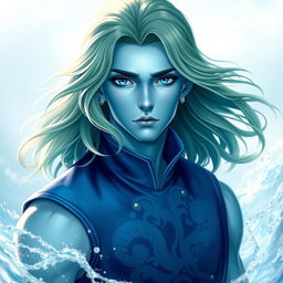 A portrait of a male water genasi with shoulder-length, flowing light green hair and striking light blue skin