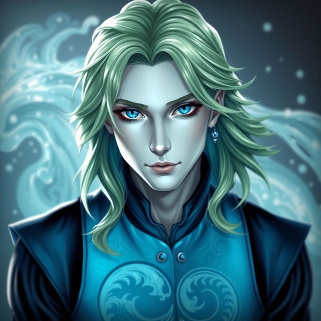 A portrait of a male water genasi with shoulder-length, flowing light green hair and striking light blue skin