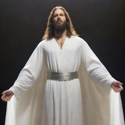 A powerful messiah figure emanating light, robed in white, with a calm and determined expression.