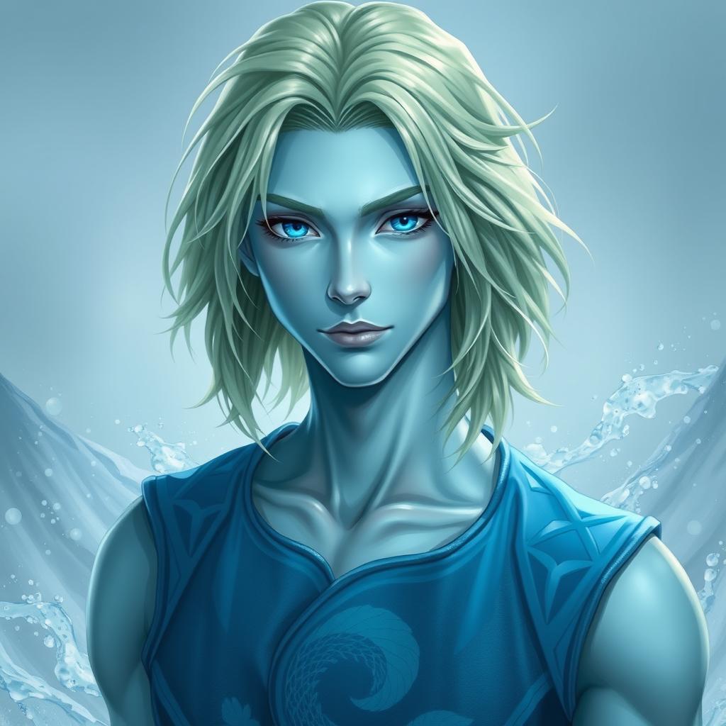 A portrait of a male water genasi with shoulder-length, flowing light green hair and striking light blue skin