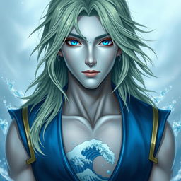 A portrait of a male water genasi with shoulder-length, flowing light green hair and striking light blue skin