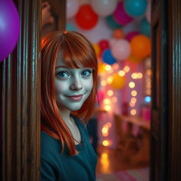 A scene featuring a teenage girl with vibrant red hair, peeking through a slightly ajar door