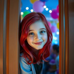 A scene featuring a teenage girl with vibrant red hair, peeking through a slightly ajar door