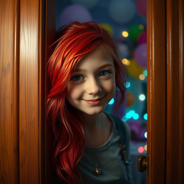 A scene featuring a teenage girl with vibrant red hair, peeking through a slightly ajar door