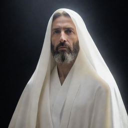 A powerful messiah figure emanating light, robed in white, with a calm and determined expression.