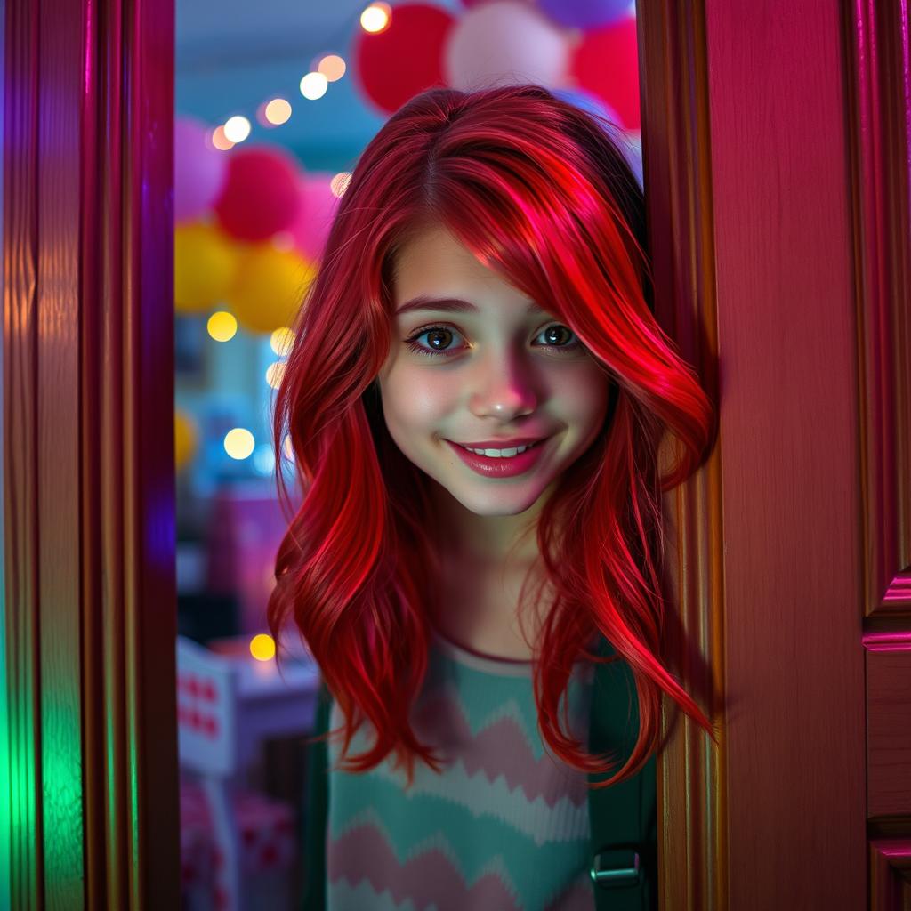 A scene featuring a teenage girl with vibrant red hair, peeking through a slightly ajar door