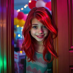 A scene featuring a teenage girl with vibrant red hair, peeking through a slightly ajar door