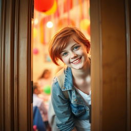 A teenage girl with bright red hair, playfully peeking through a slightly open door