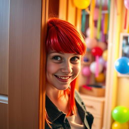 A teenage girl with bright red hair, playfully peeking through a slightly open door