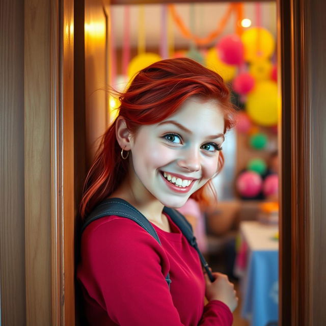 A teenage girl with bright red hair, playfully peeking through a slightly open door