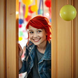 A teenage girl with bright red hair, playfully peeking through a slightly open door