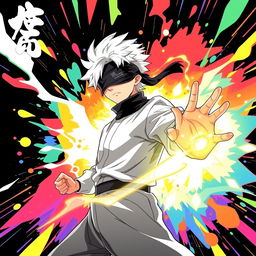 A vibrant, dynamic poster of Gojo Satoru from Jujutsu Kaisen, illustrated in the style of DanDA Dan anime